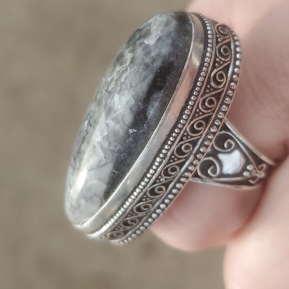 New Oversized Orthoceras Fossil Antique Design 925 Silver Statement Ring. - Picture 6 of 14